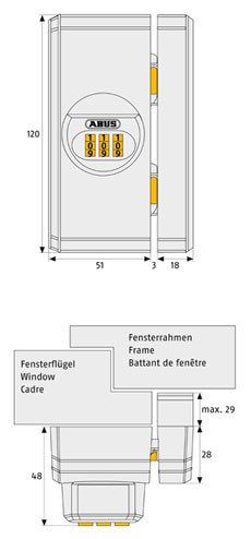 Skizze: Fenster-Zusatzschloss ABUS FTS106