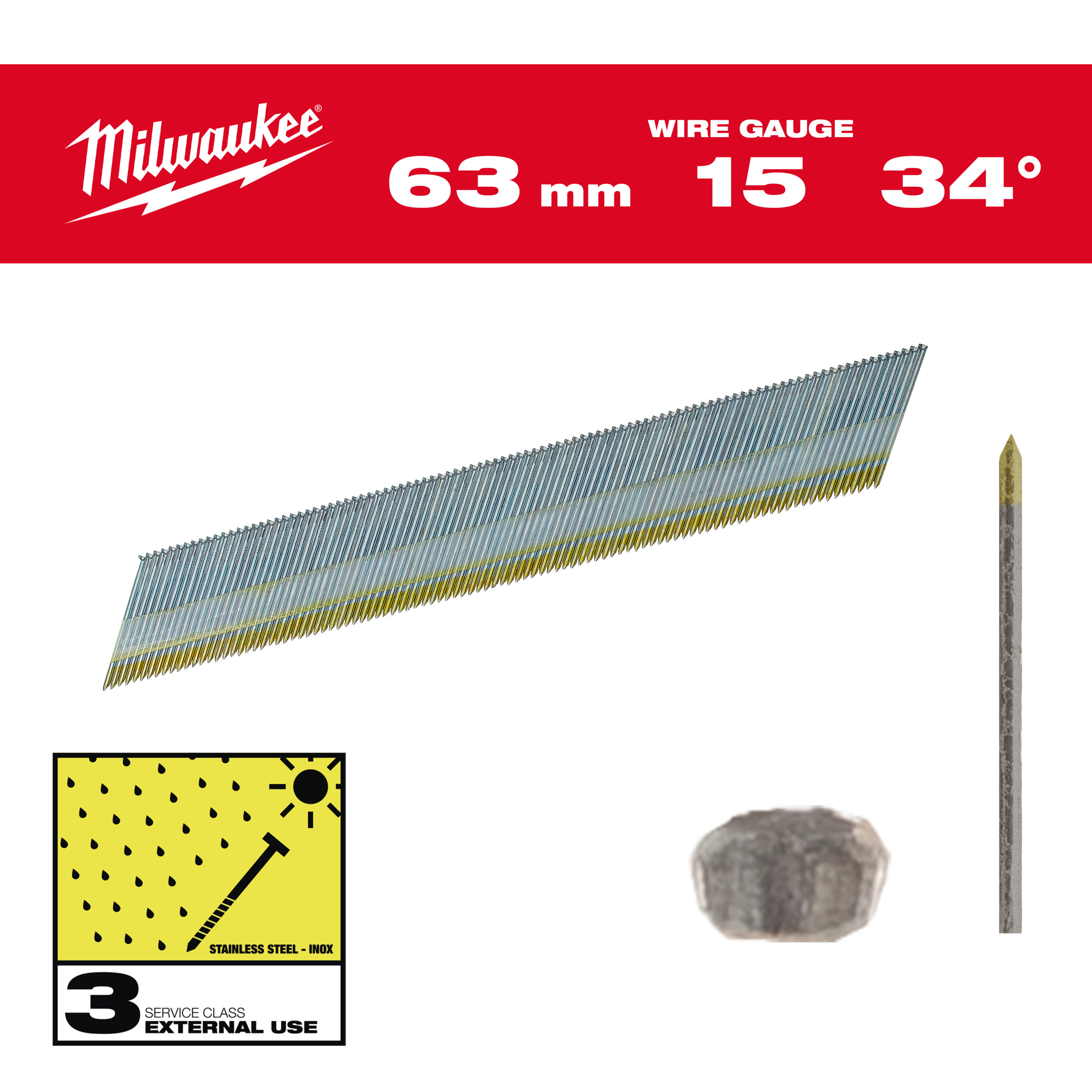 Milwaukee Nägel 1,8 x 63 mm Edelstahl, 34° Stift-Nägel D-Kopf 15 Gauge für M18CN15GA & M18FN15GA