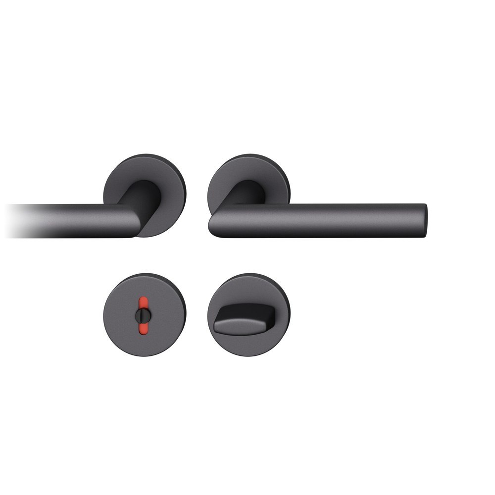 FSB Drückergarnitur 12 1076, Rosette, rund, WC Schauscheibe/Schlitzkopf, Vierkant 8mm, Riegel-Vierkant 8mm, DIN Links-Rechts, Türstärke 39 - 58mm, mit Stütznocken, schwarz gestrahlt Adapter-Standardlager