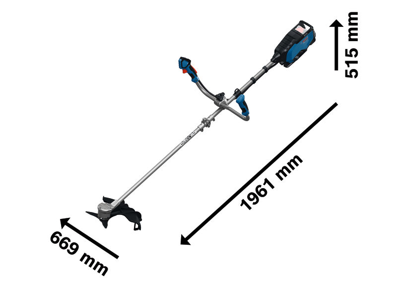 Bild der Produktabmessungen, Kettensäge, Motorsäge, Trimmer, Grasbalken, Blau-Schwarz