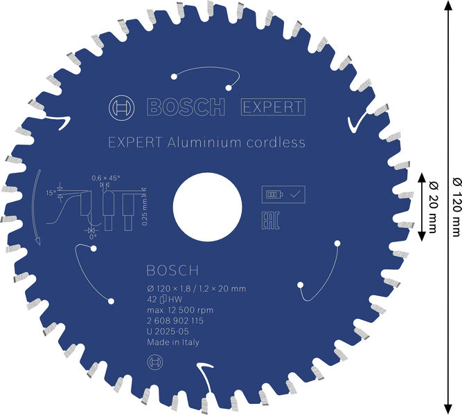 Bild der Produktabmessungen, Durchmesser 20 mm, Sägeblatt, Kreissägeblatt, Zahnbeschreibung, Bosch Experte