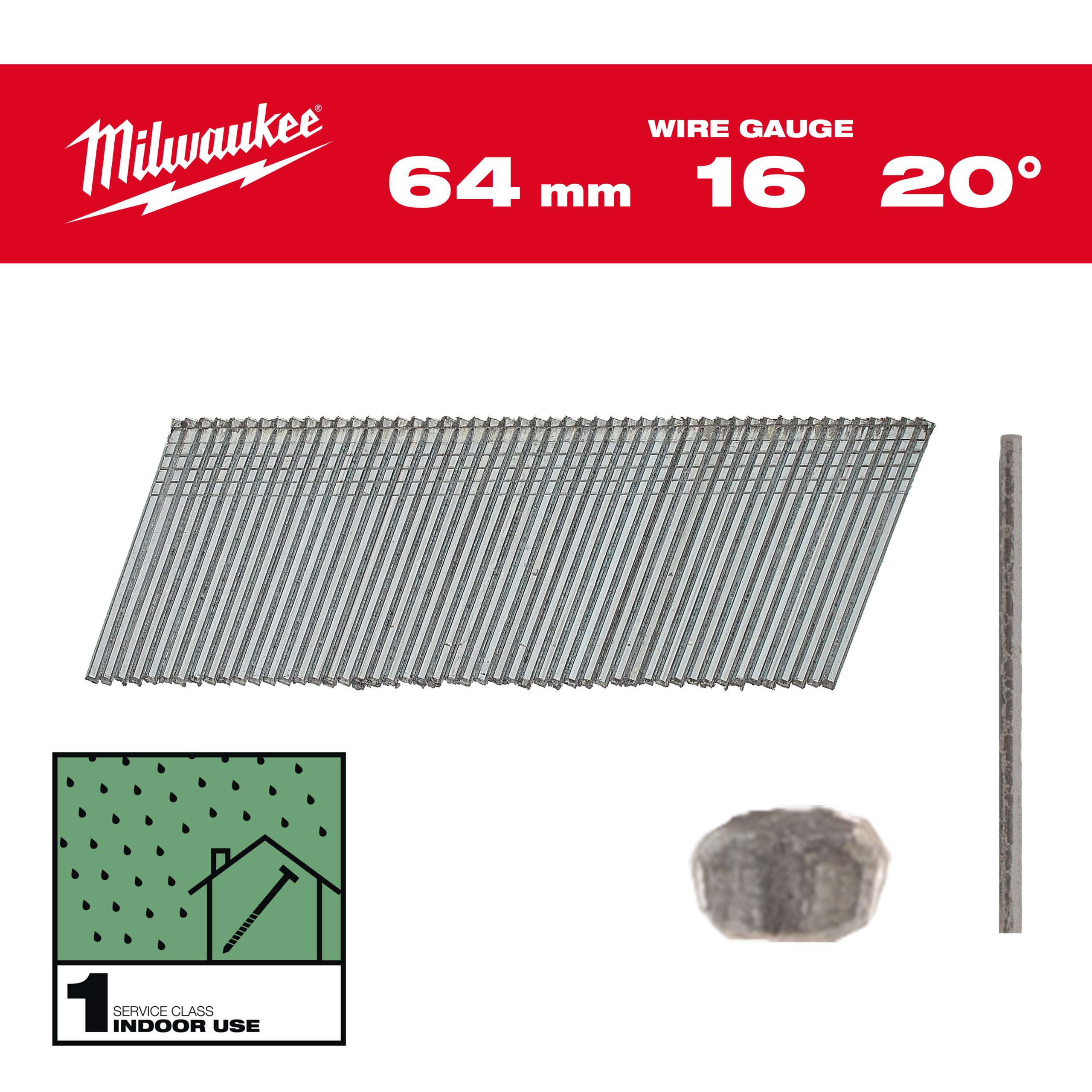 Milwaukee Nägel 1,36 x 1,61 64 mm verzinkt, 20° Stauchkopf-Nägel 16 Gauge für M18CN16GA & M18FN16GA