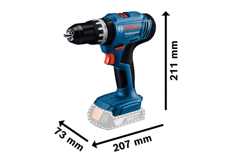 Bild der Produktabmessungen, Akkuschrauber, Bosch, Handwerkzeug, 20-30 cm, 18V Akku