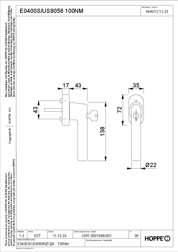 Türgriff, Hebel, Schlossmechanismus, Zylinder, Abmessungen 100mm