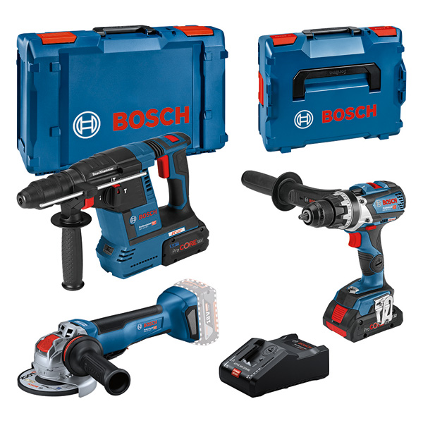 Bosch Akku-Combo Kit Set, 3 18V-Werkzeuge: Bohrschrauber GSR 18V-110C, Winkelschleifer GWX 18V-10 P, Bohrhammer GBH 18V-26F, 2x Akku