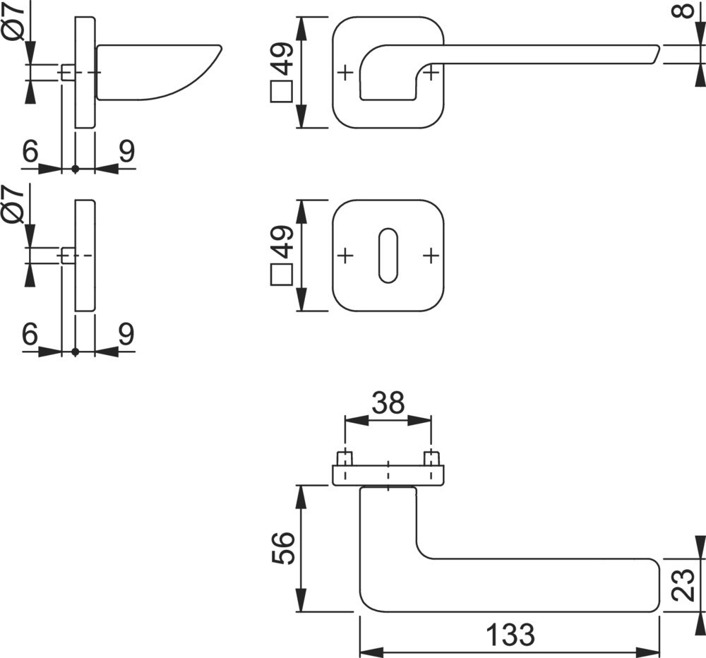 Türgriff, Türdrücker, Klinkenform, Beschlag, Maße 133x56