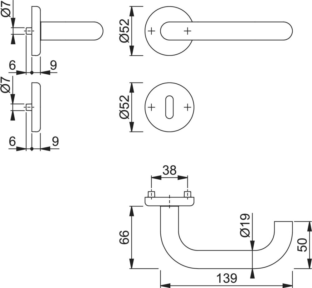 t-handle, Türdrücker, Metall, Rückplatte rund, Abmessungen