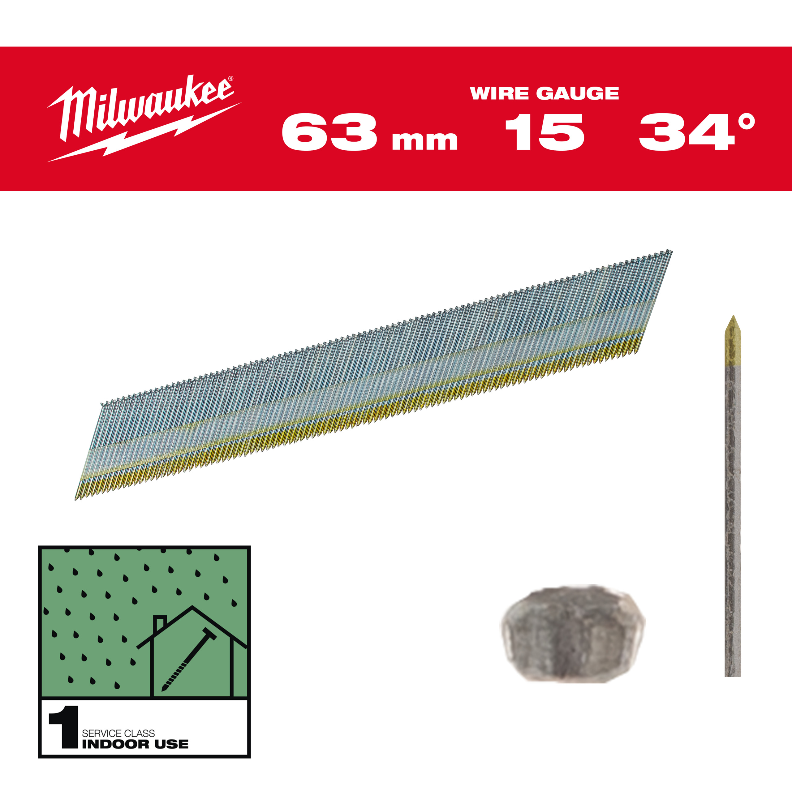 Milwaukee Nägel 1,8 x 63 mm verzinkt, 34° Stift-Nägel D-Kopf 15 Gauge für M18CN15GA & M18FN15GA