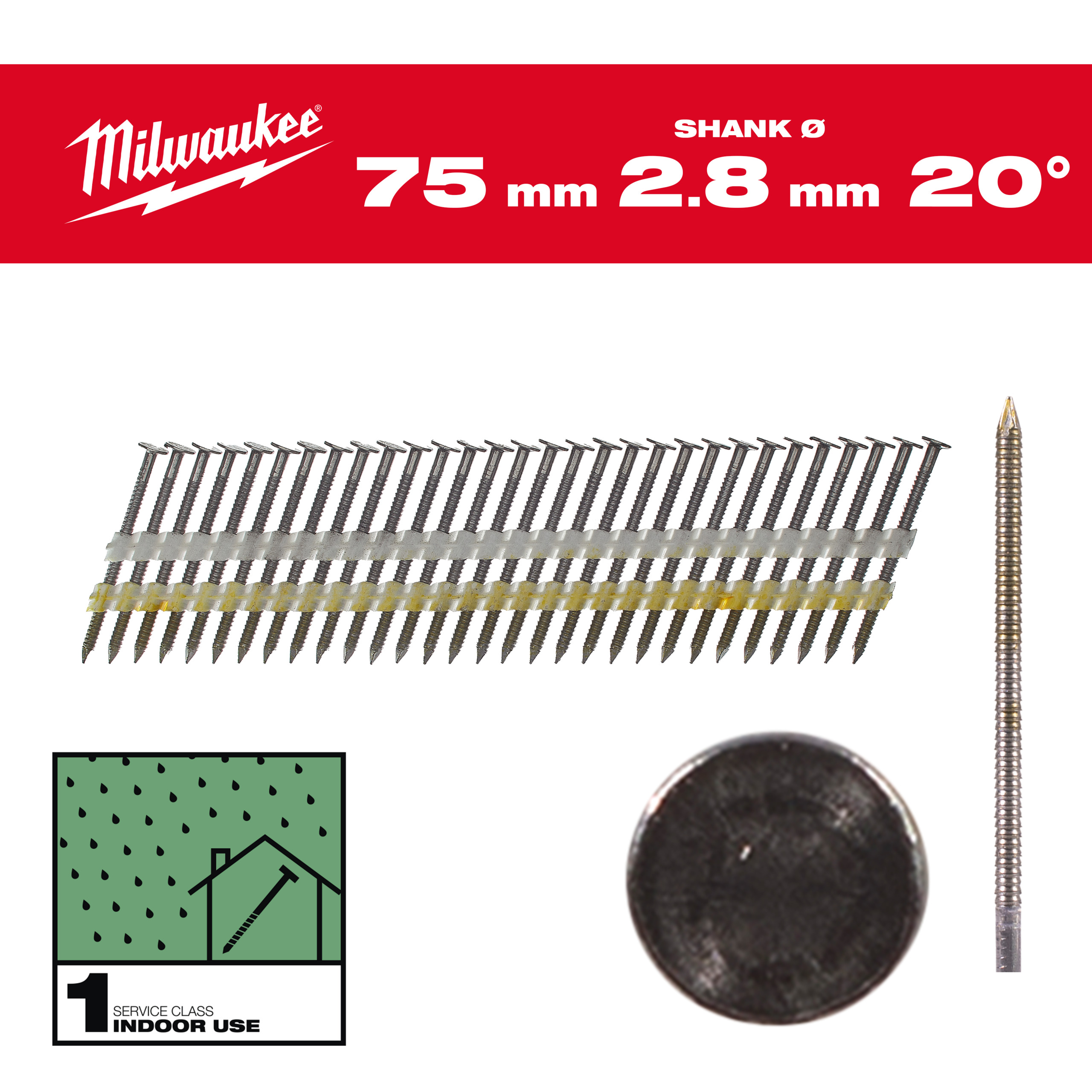 Milwaukee Nägel 7,4 x 2,8 75 mm, Ringschaft Stahl blank, 20° Rundkopf-Nägel für M18FFN21