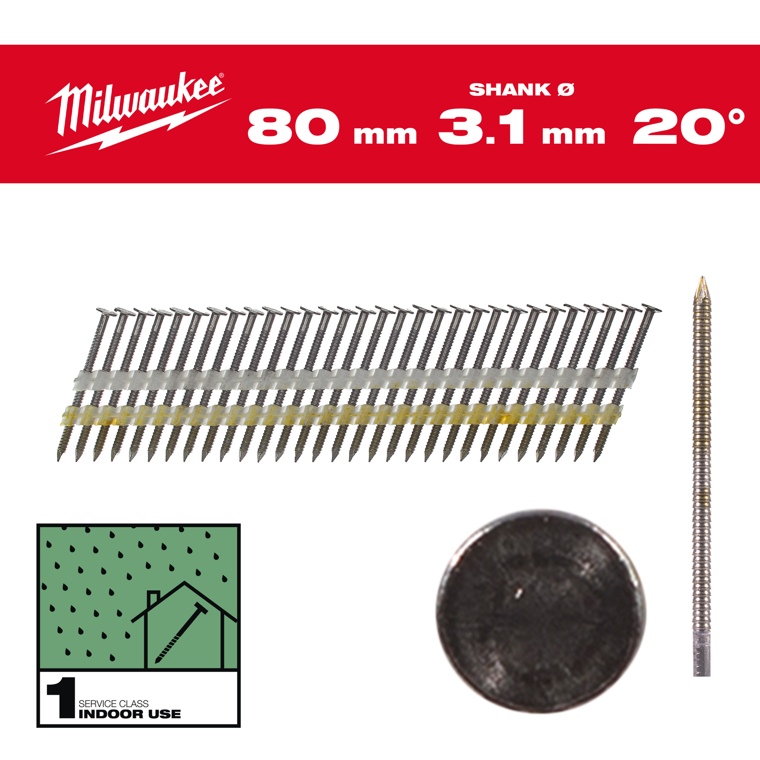 Milwaukee Nägel 7,4 x 3,1 80 mm, Ringschaft Stahl blank, 20° Rundkopf-Nägel für M18FFN21