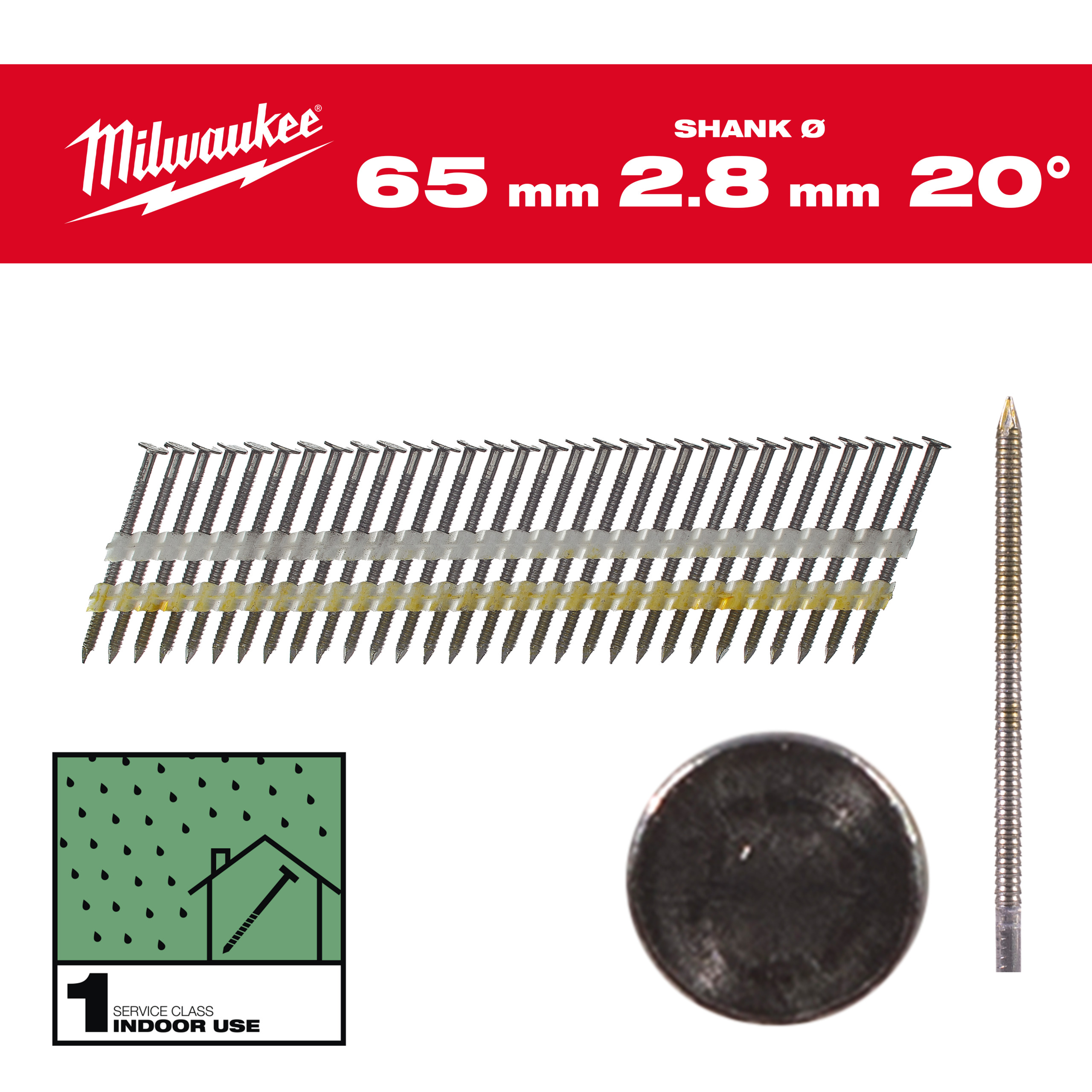 Milwaukee Nägel 7,4 mm, Ringschaft Stahl blank, 20° Rundkopf-Nägel für M18FFN21