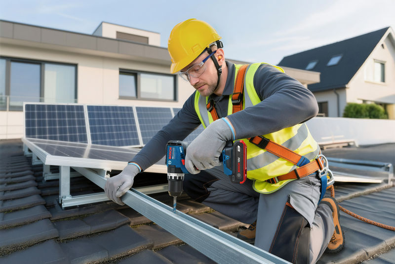 Anwendungsbild, Solarmodul, Solaranlage, Dachmontage, Metallrahmen, Arbeiter mit Schutzhelm