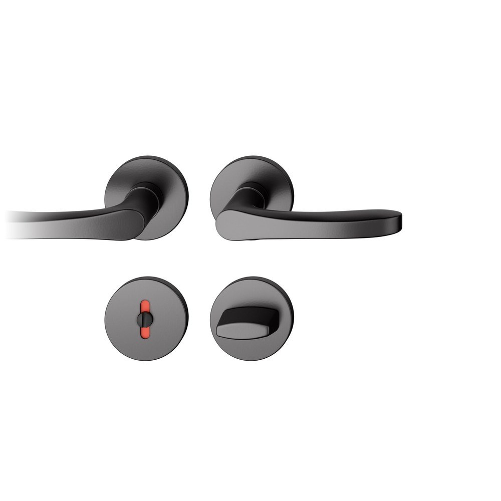 FSB Drückergarnitur 12 1106, Rosette, rund, WC Schauscheibe/Schlitzkopf, Vierkant 8mm, Riegel-Vierkant 8mm, DIN Links-Rechts, Türstärke 39 - 58mm, mit Stütznocken, tiefschwarz, ähnlich RAL 9005 farbig kunststoffbeschichtet Adapter-Standardlager