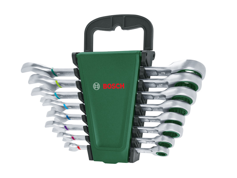 Produktbild, Knarzschlüssel, Wandhalterung, Schraubenschlüsselsatz, Verlaufswrench, Bosch-Knebelschlüssel