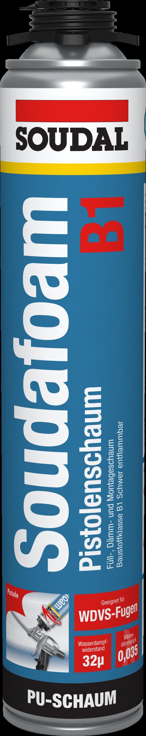 PU-Montageschaum, Schaumdose, Soudal, WDVS-Fugen, Blau-weiß-rot