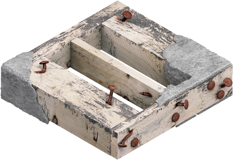 Material-Symbol, wooden frame, rebar bolts, rust bolts, concrete blocks, weathered wood