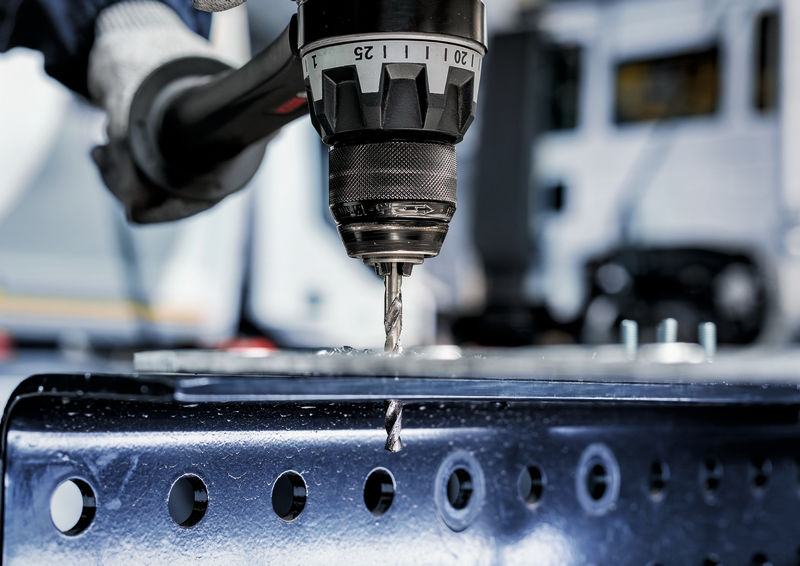 Detailbild, Bohrmaschine, Bohrkopf, Metall,  Schraubenloch, Werkzeug