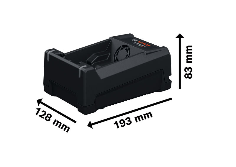 Bild der Produktabmessungen, Akku-Ladegerät, Ladegerät, Batteriebox, Kunststoffgehäuse, Kompakt