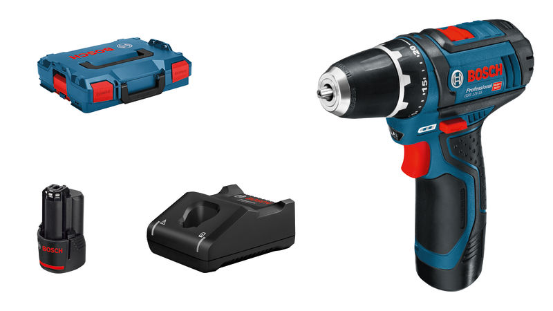 Bosch Akku-Bohrschrauber GSR 12V-15, 2 Akku GBA 12V 2.0Ah, Ladg. u. L-BOXX