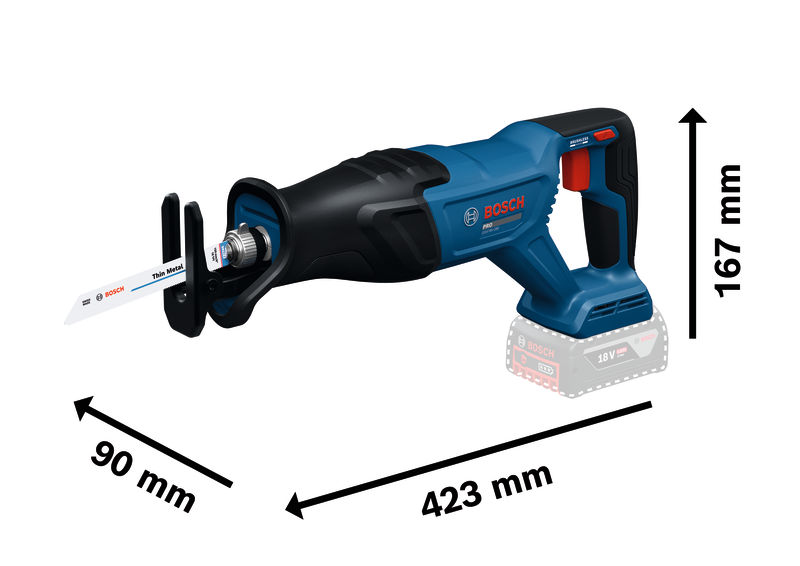 Bild der Produktabmessungen, Akku-Stichsäge, Bosch, Trennblatt, Metall, 18V
