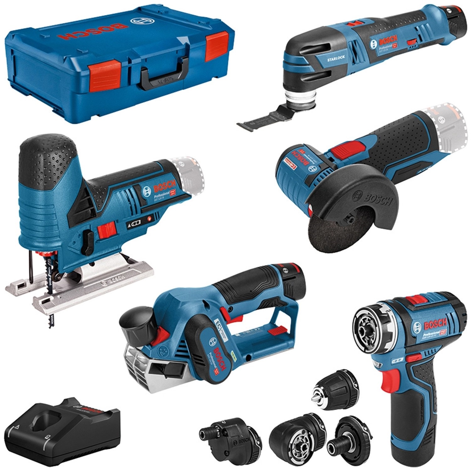 Bosch Akku-Combo Kit 5er-12V-Werkzeug-Set: Bohrschrauber GSR (FC) + Multi-Cutter GOP + Hobel GHO + Winkelschleifer GWS + Stichsäge GST + Akkus GBA + nellladeger GAL + XL-BOXX