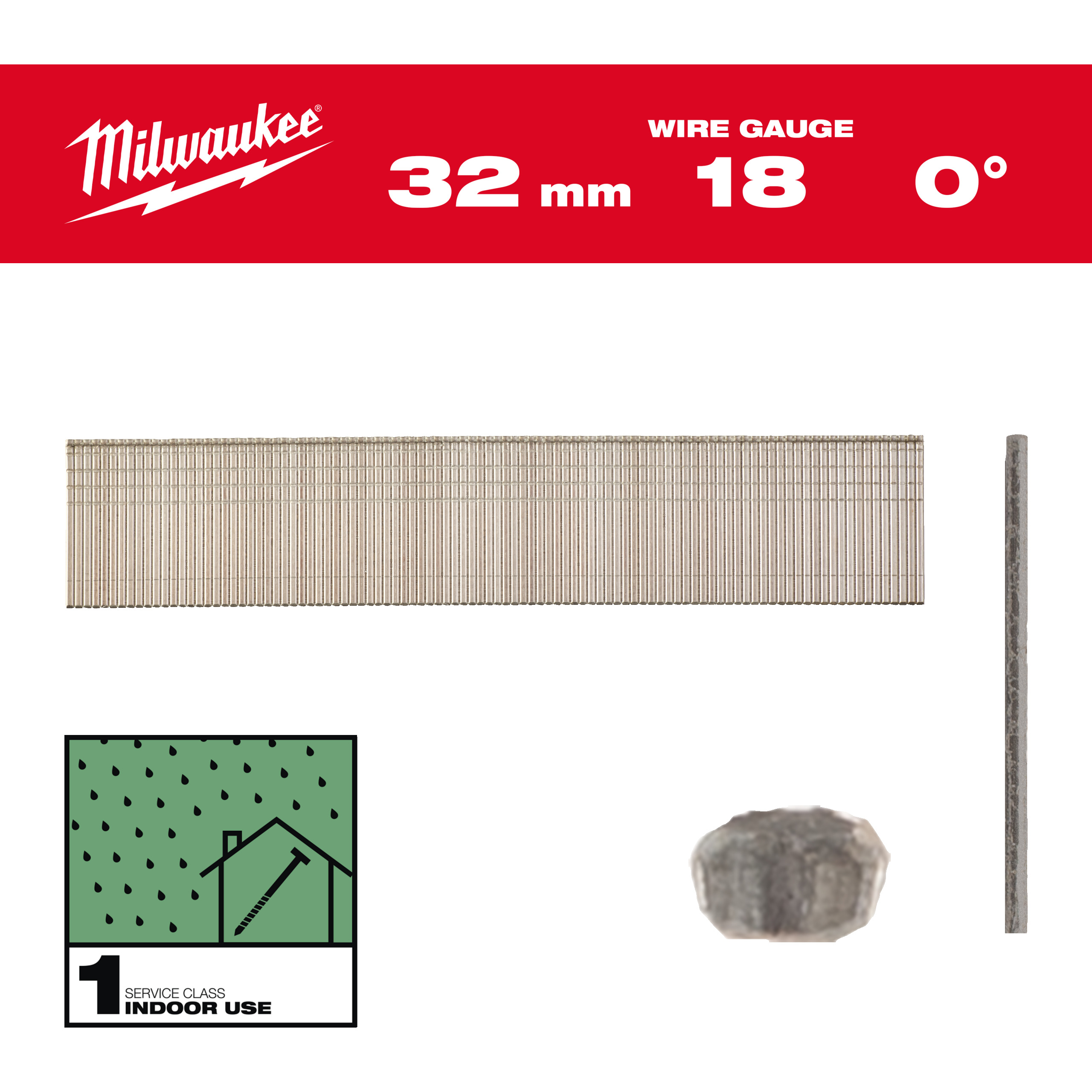 Milwaukee Nägel 1,05 x 1,25 32 mm verzinkt, 0° Stauchkopf-Nägel 18 Gauge für M18FN18GS & M18CN18GS