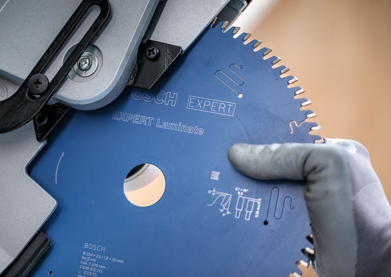 Detailbild, Kreissägeblatt, Tischsäge, Bosch Expert, Laminate, Stahlblau