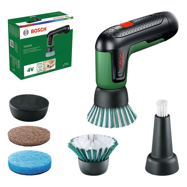 Produktbild Lieferumfang, Akkuschrauber, Schleifkopf, Reinigungsset, Handwerkzeug, Besenbürste