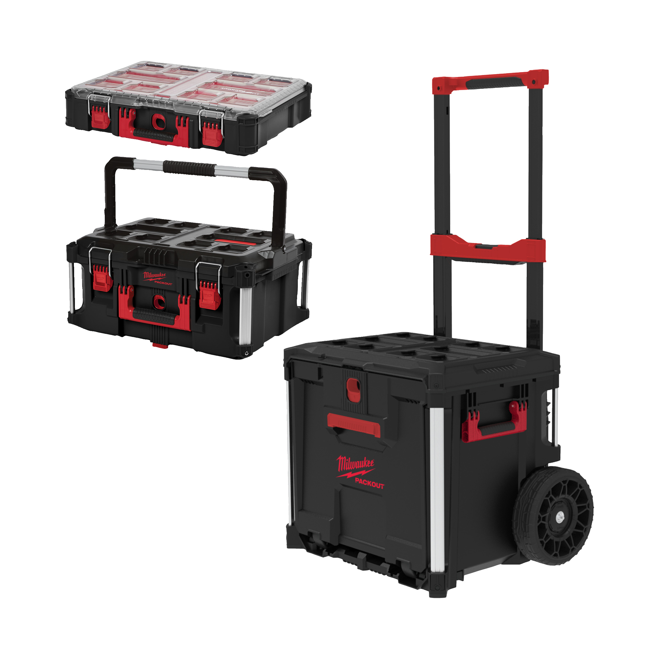 Milwaukee Starter-Set 3 PACKOUT Trolley-Koffer mit Schublade, groß u. Organiser 3-teilig
