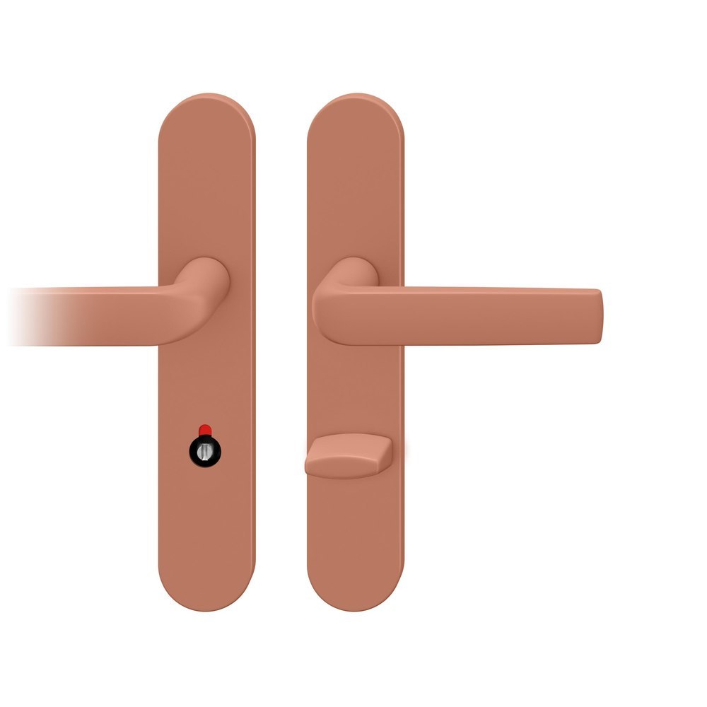 FSB Drückergarnitur 72 1267, Langschild oval, WC Schauscheibe/Schlitzkopf, Entfernung 78mm, Vierkant 8/8mm, DIN Rechts, Türstärke 39 - 48mm, mit Stütznocken, LC 32121 terre sienne brique pulverbeschichtet, Ausgleichslager® 3