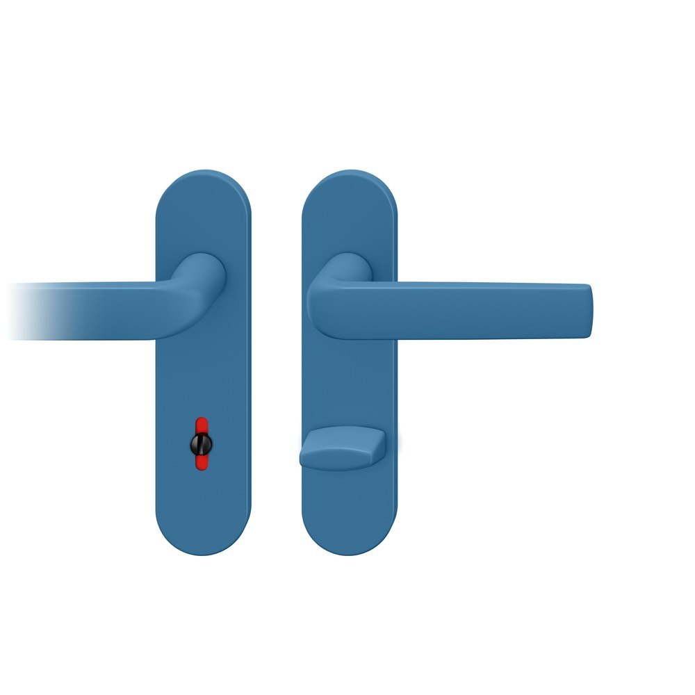 FSB Drückergarnitur 12 1267, Kurzschild oval, WC Schauscheibe/Schlitzkopf, Entfernung 78mm, Vierkant 8/8mm, DIN Links-Rechts, Türstärke 39 - 58mm, mit Stütznocken, LC 32030 bleu céruléen 31 pulverbeschichtet, Adapter-Standardlager