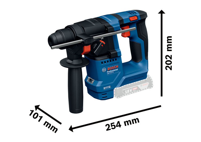 Bild der Produktabmessungen, Akku-Bohrhammer, Bosch, Wandhammer, Werkzeug, Kernmaß (Höhe 202 mm)