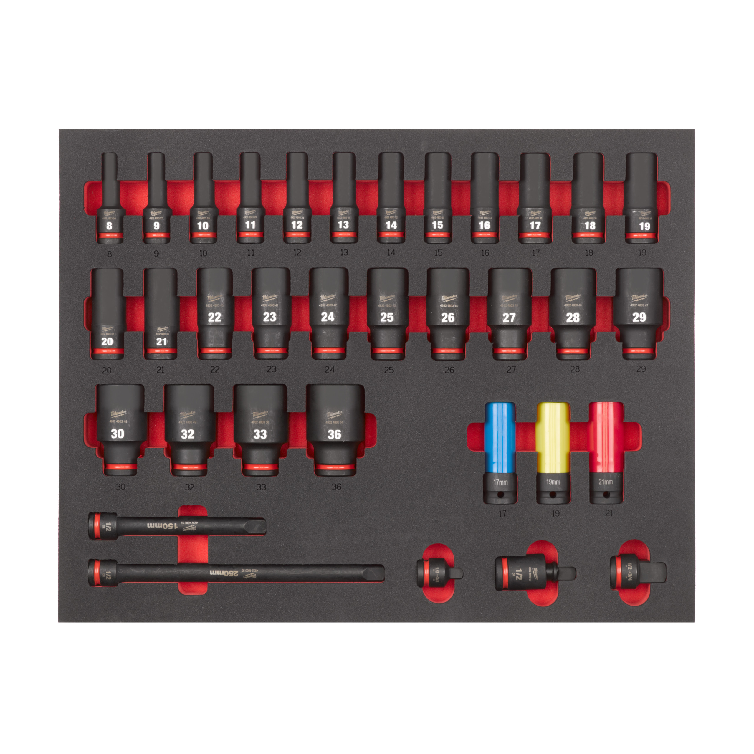 Milwaukee Einlage 34-teilige für Werkstattwagen 78 cm 1/2" SHOCKWAVE Schlagnüsse lang
