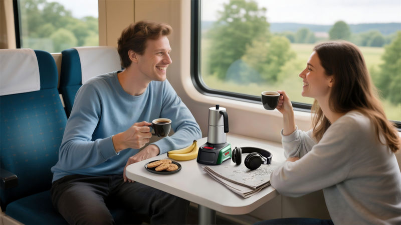 Anwendungsbild, Kaffeemaschine, Reise, Holzbrett, Kaffeebecher, Frühstücksniveau
