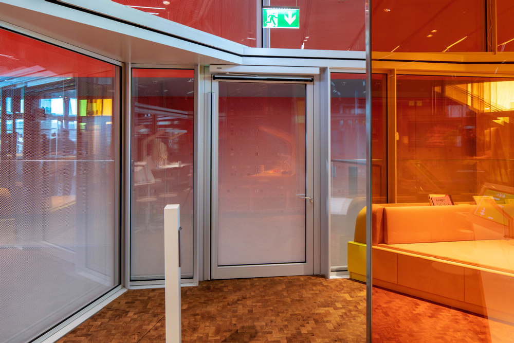 glastür, büroeinrichtung, orange farben, rooms interior, sitzbereich