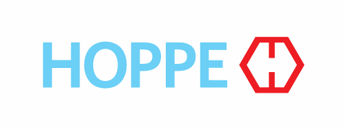 logo, Hoppe, brand logo, red hexagon, blue text