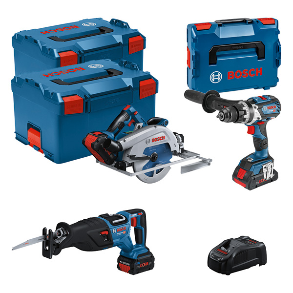 Bosch Akku-Combo Kit Set mit 3x 18V: Bohrschrauber GSB 18V-110C + Kreissäge GKS 18V-68GC + Säbelsäge GSA 18V-28 + 3 x Akku