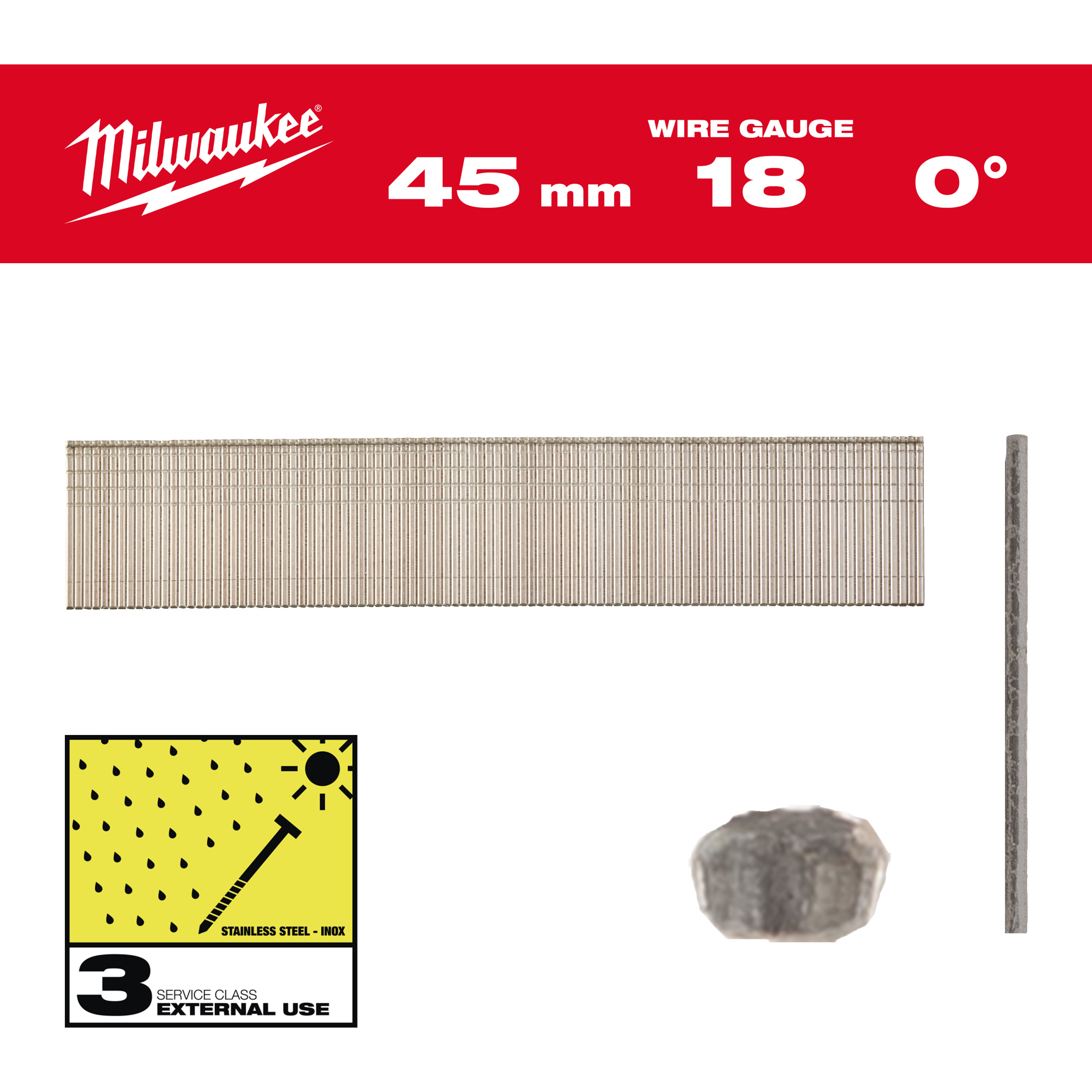 Milwaukee Nägel 1,05 x 1,25 45 mm Edelstahl, 0° Stauchkopf-Nägel 18 Gauge für M18FN18GS & M18CN18GS