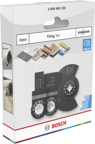 Produktbild Verpackung, Tiling Set, Austauschbare Klingen?, Fliesen-Satz?, Bosch?, Lange Lebensdauer