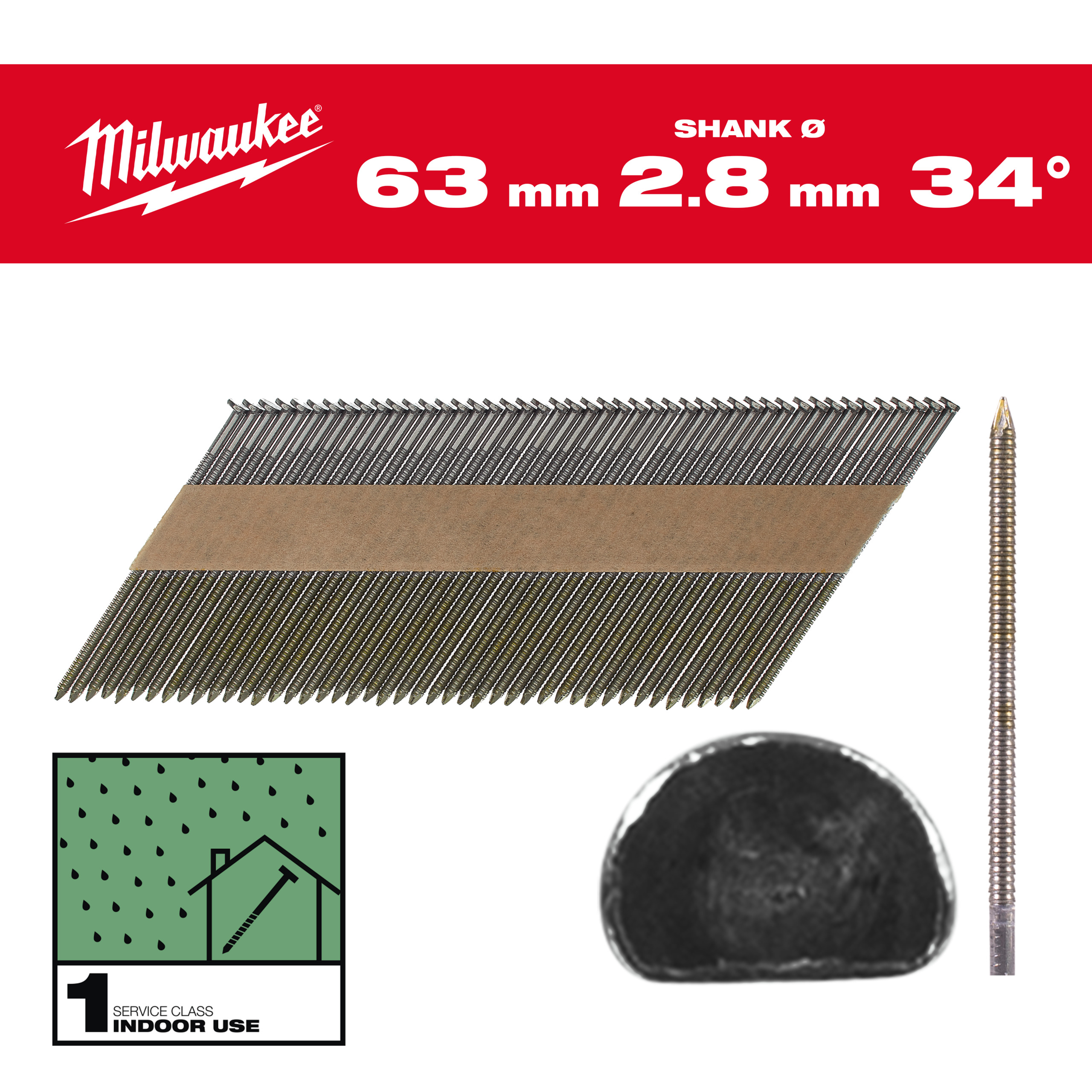 Milwaukee Nägel 7,4 x 2,8 63 mm, Ringschaft blank, 34° D-Kopf-Nägel für M18FFN