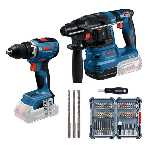 Bosch 2 x 18V-Set: GSR + GBH, 45-tlg. Schraubendreher-Set, 3-tlg. Bohrer-Set