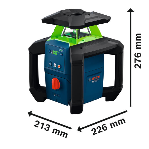 Bild der Produktabmessungen, Laserlevel, Levelling device, Green top, Digital display, Industrieller Laserlevel