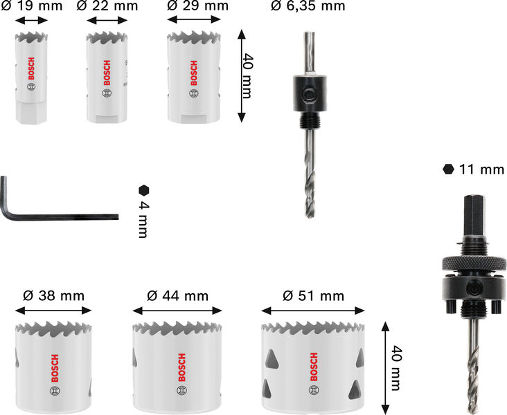 Bild der Produktabmessungen, hss-bits, Lochsäge, Bohrer, Bosch, Werkzeug
