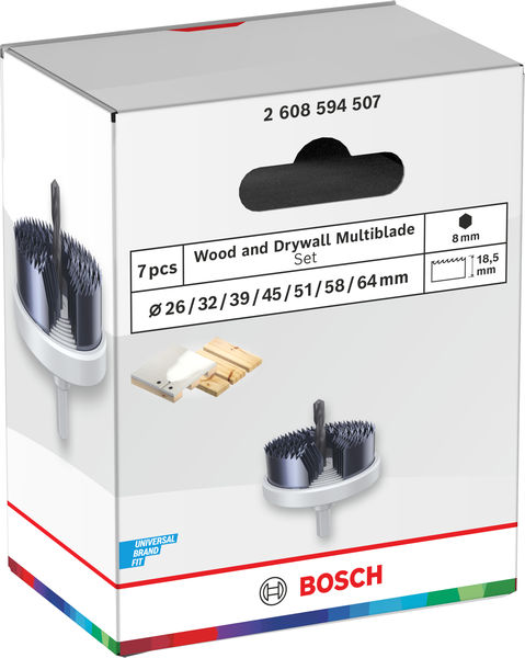 Produktbild Verpackung, Holz-/Trockenbauschleifer-Set, Schleifklingen, 7-teilig, Holz- und Trockenbaustreifen, Bohr-Ø26/32/39/45/51/58/64 mm